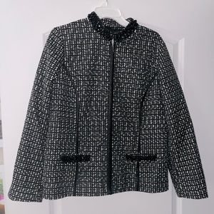 Chico's Black & White Jacket Beaded Collar with Zipper Chicos Sz 2 (Large)